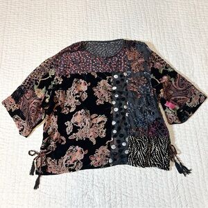 John Mark Boho Velvet Burnout Blouse Top XL Mixed Print Art To Wear Bead Tassels